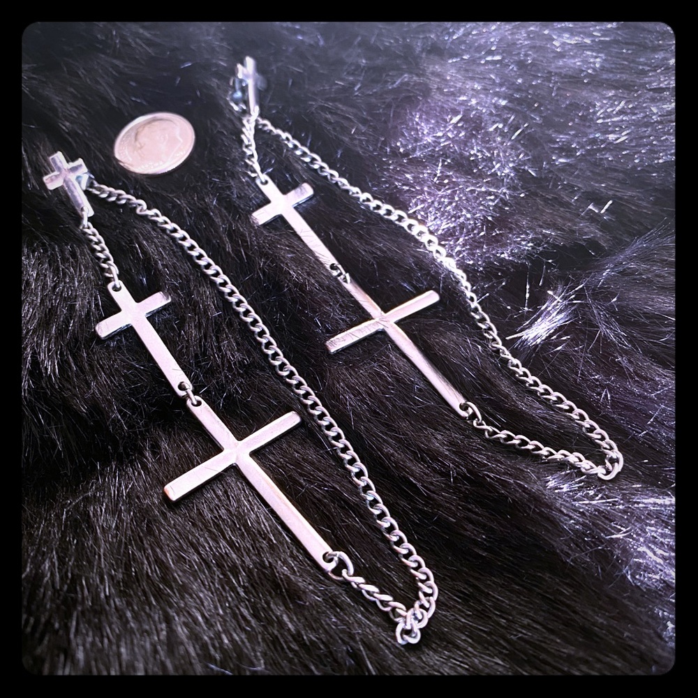 Dolls Kill Crucifix Drop Loop Earrings